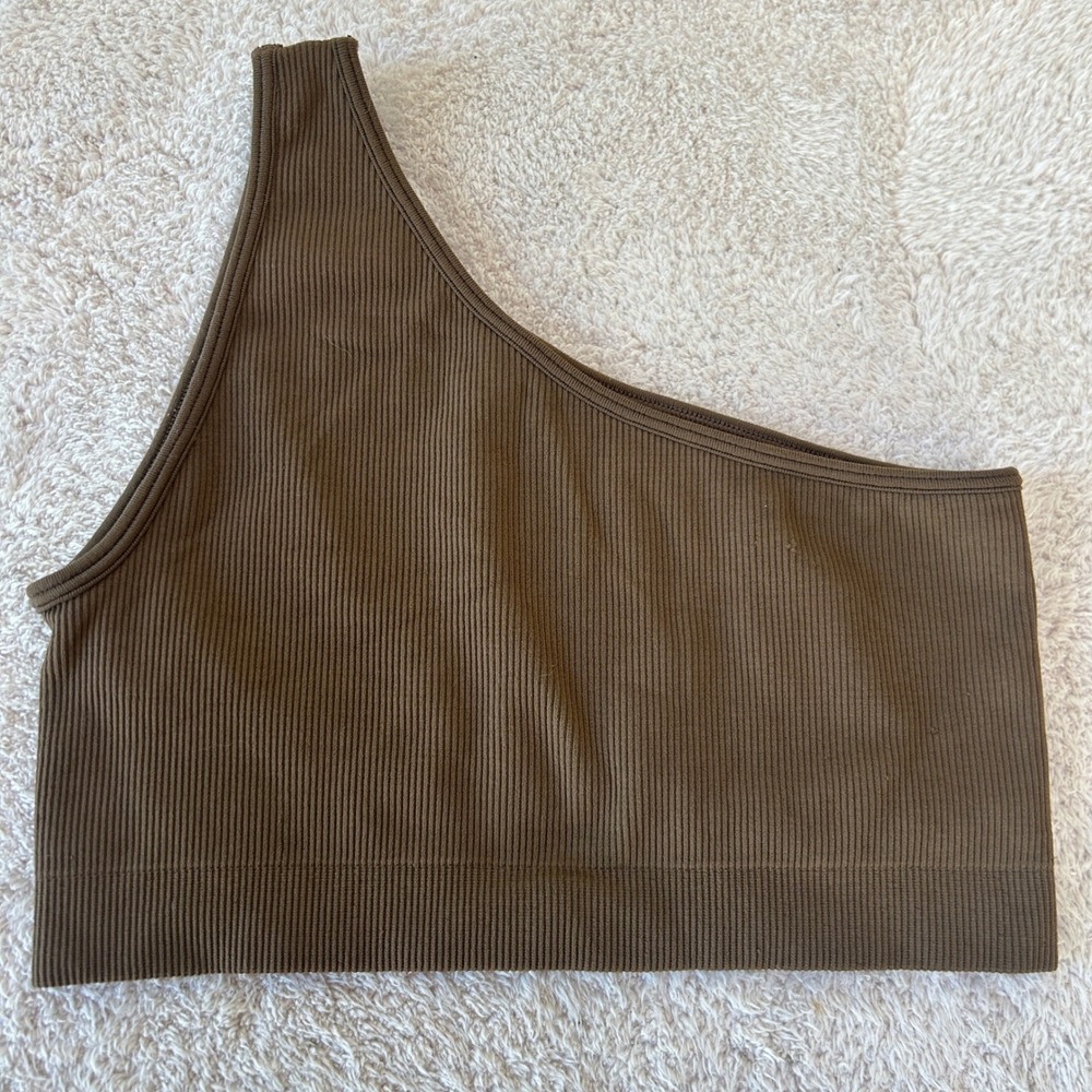 Set Active x Revolve One Shoulder‎ Ribbed Sports Bra Brown Espresso Small/Medium